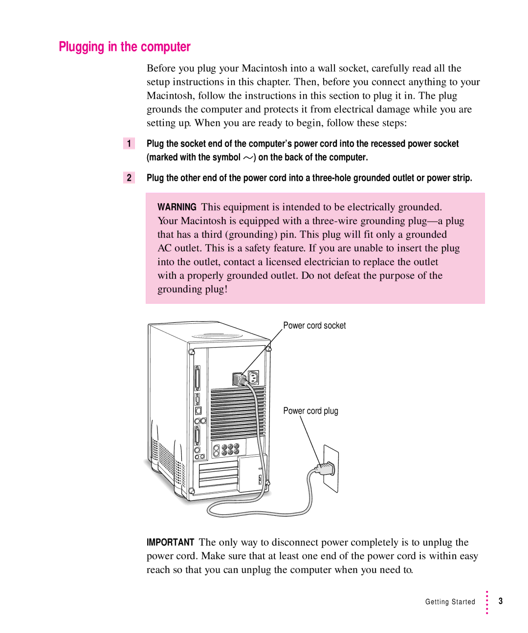 Apple 8500 manual Plugging in the computer 