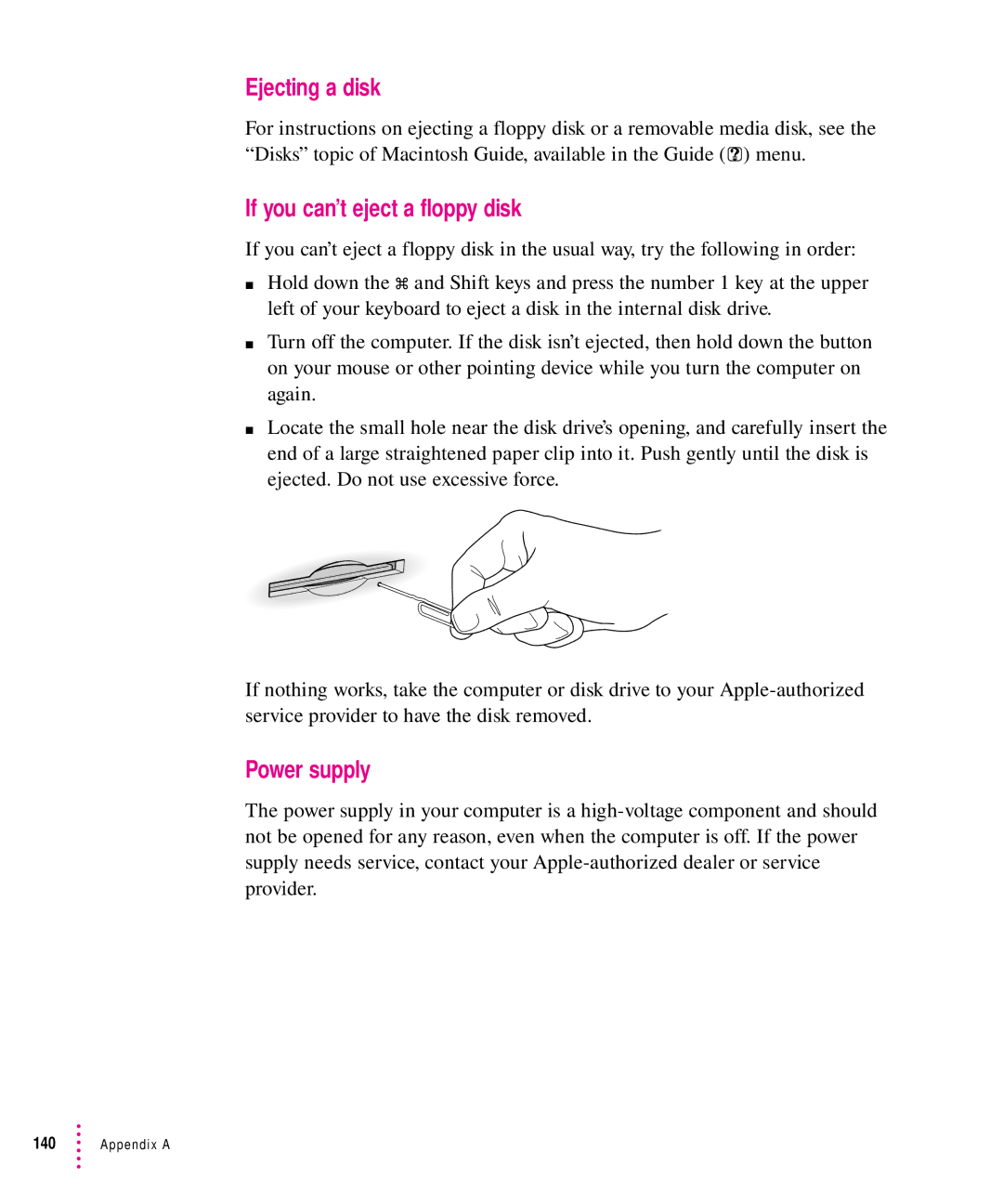 Apple 8500 manual Ejecting a disk, If you can’t eject a floppy disk, Power supply 