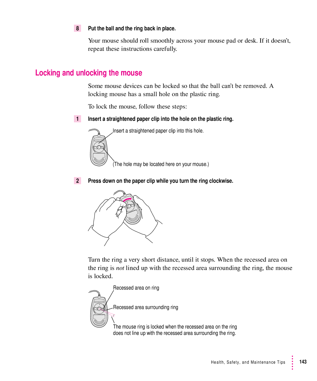 Apple 8500 manual Locking and unlocking the mouse, Put the ball and the ring back in place 