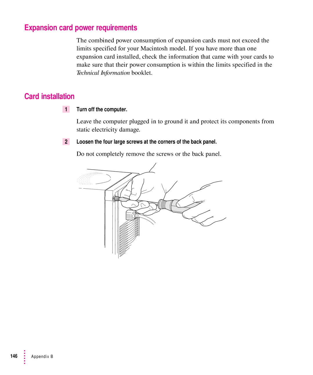 Apple 8500 Expansion card power requirements, Card installation, Do not completely remove the screws or the back panel 