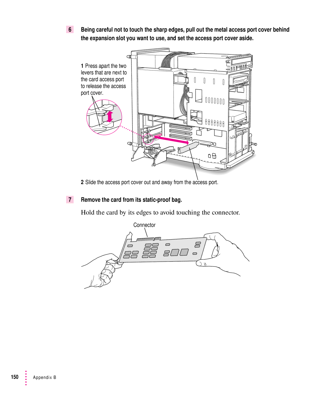 Apple 8500 manual Hold the card by its edges to avoid touching the connector, Remove the card from its static-proof bag 