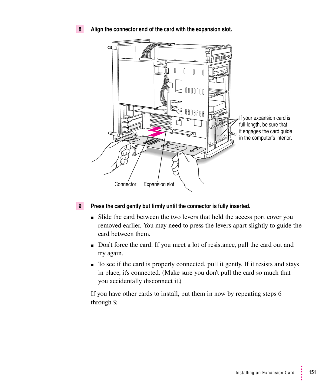 Apple 8500 manual Align the connector end of the card with the expansion slot 