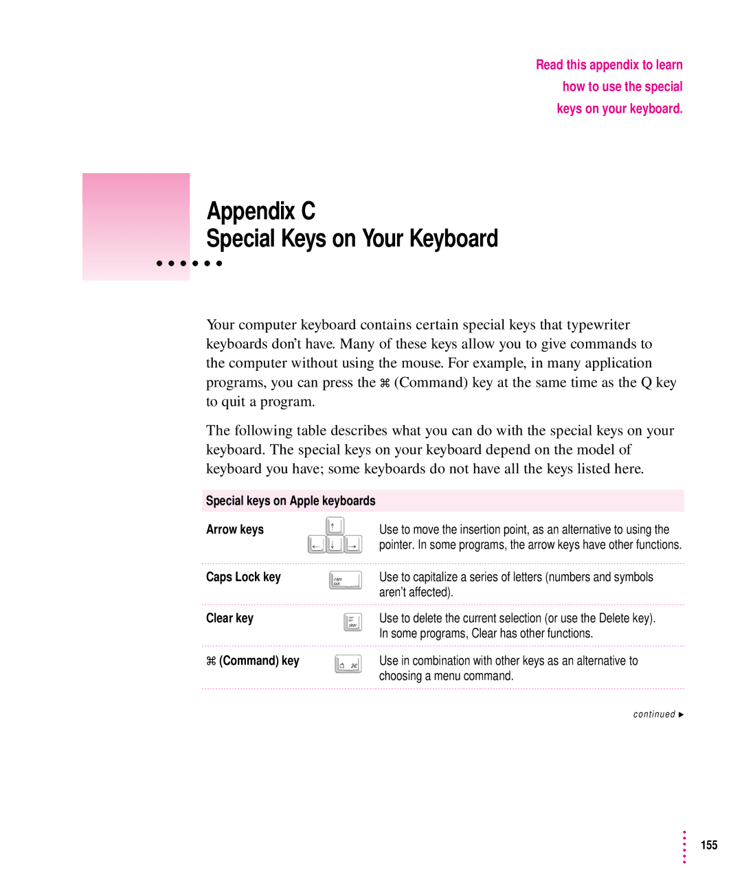 Apple 8500 manual Appendix C Special Keys on Your Keyboard, Caps Lock key Clear key Command key 