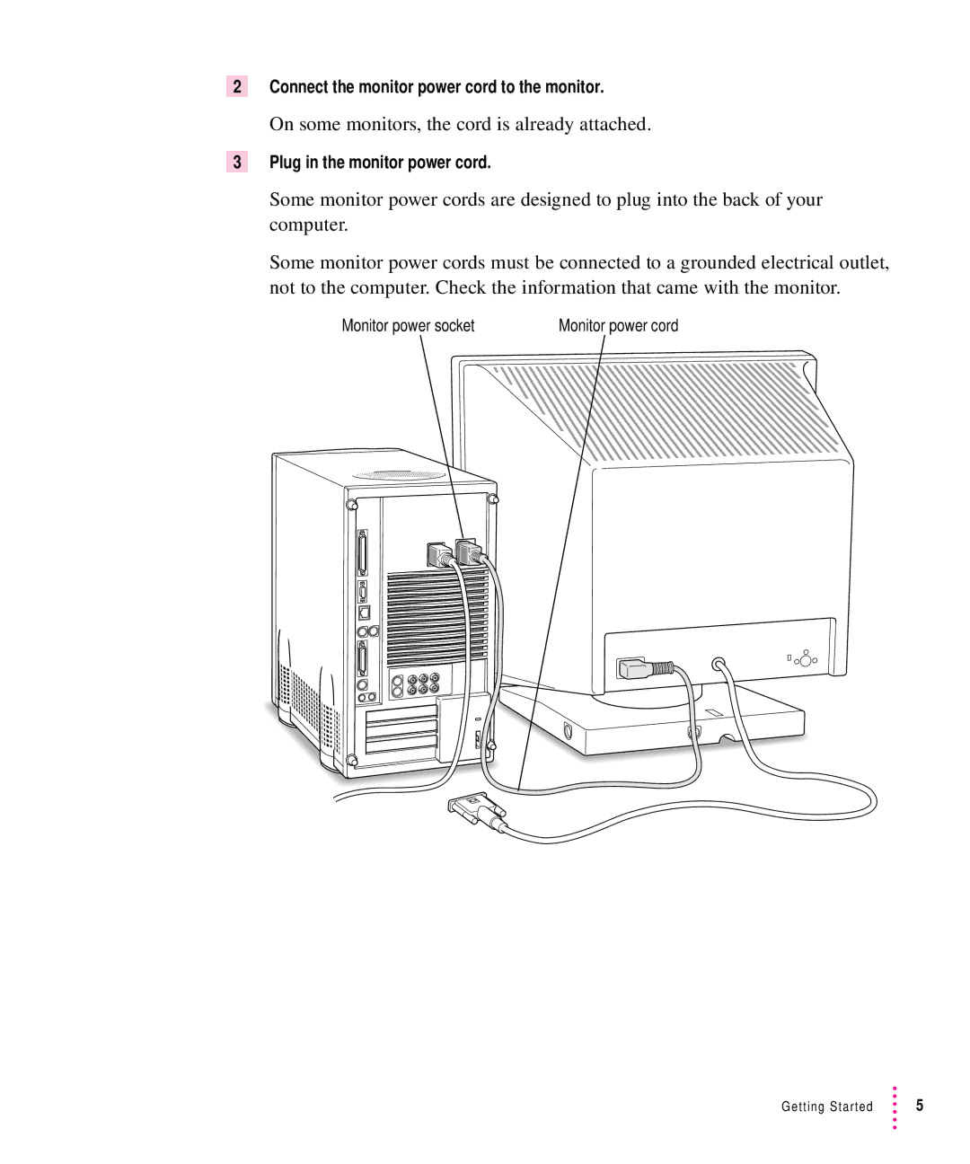 Apple 8500 manual On some monitors, the cord is already attached, Connect the monitor power cord to the monitor 