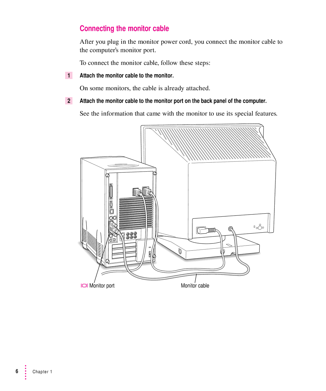 Apple 8500 manual Connecting the monitor cable, On some monitors, the cable is already attached 