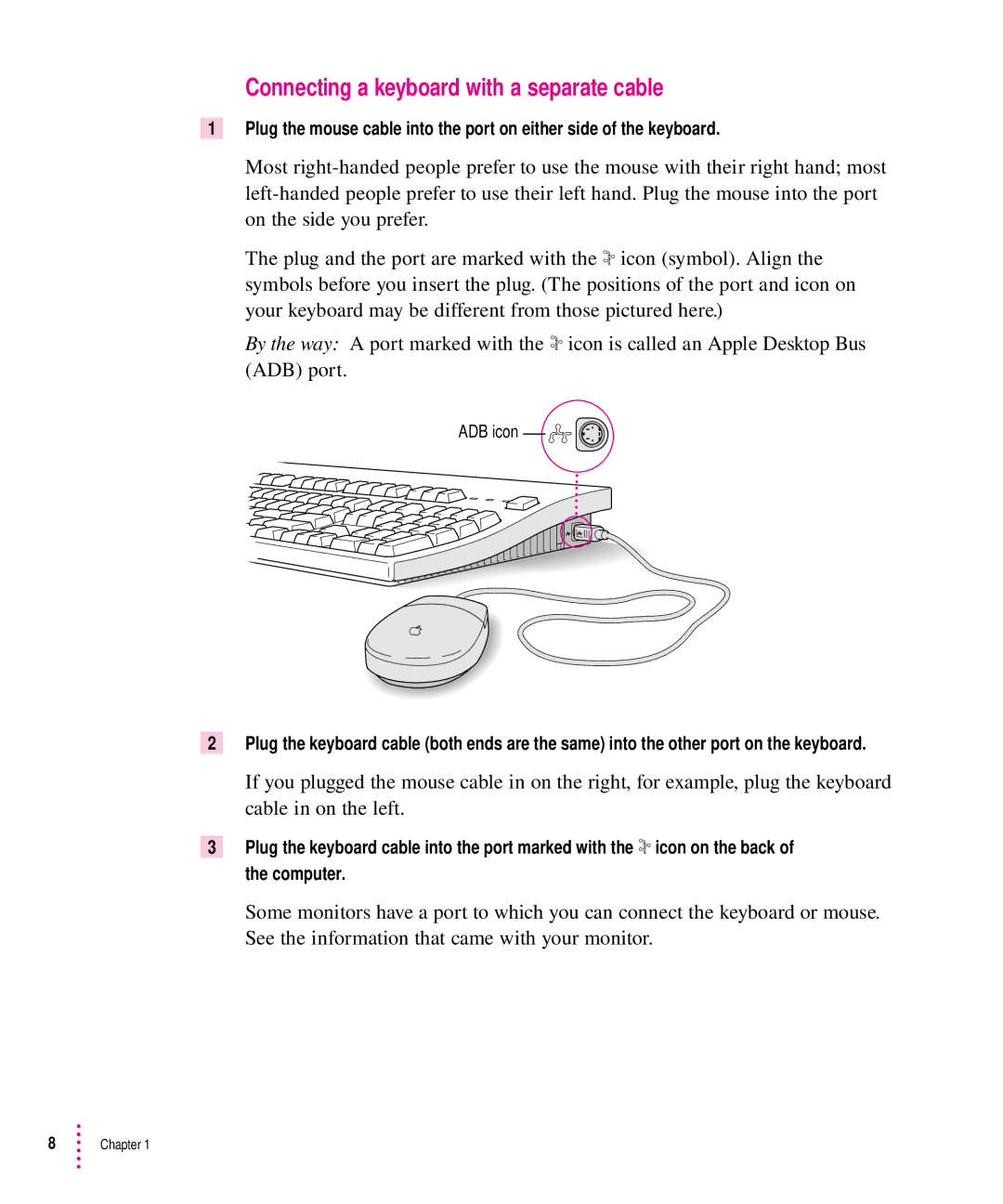 Apple 8500 manual Connecting a keyboard with a separate cable 