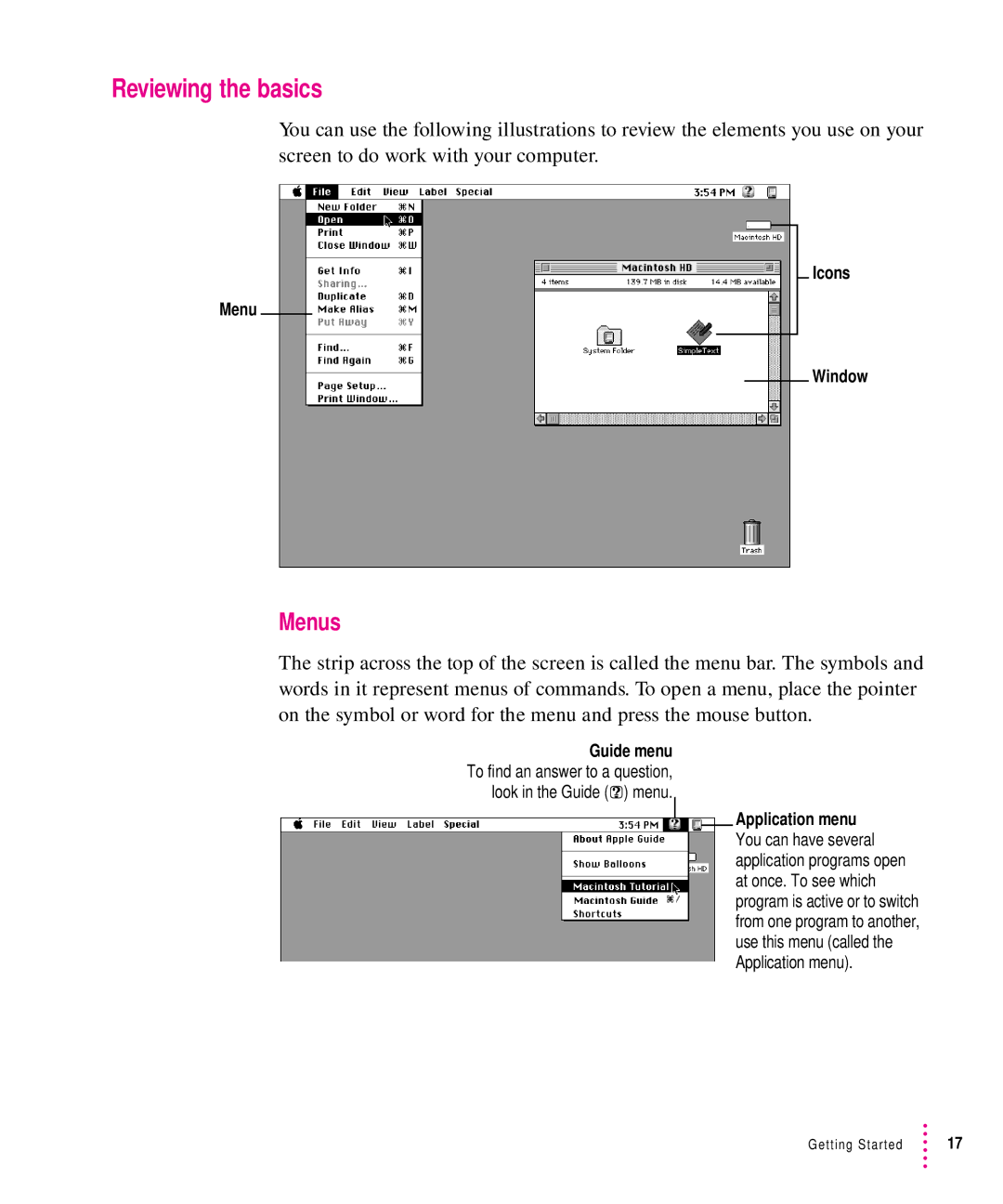 Apple 8500 manual Reviewing the basics, Menus, Menu Icons Window 