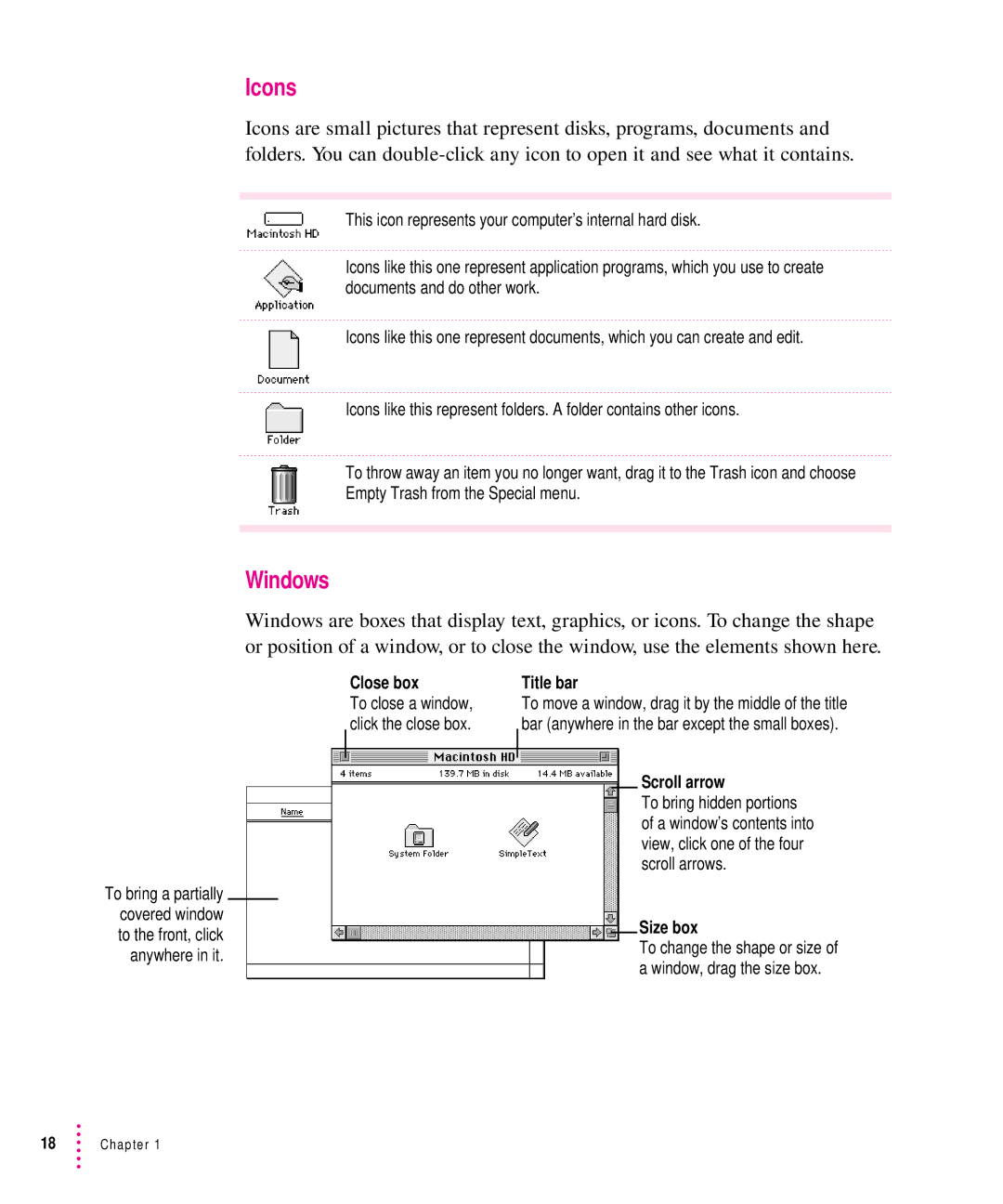 Apple 8500 manual Icons, Windows 