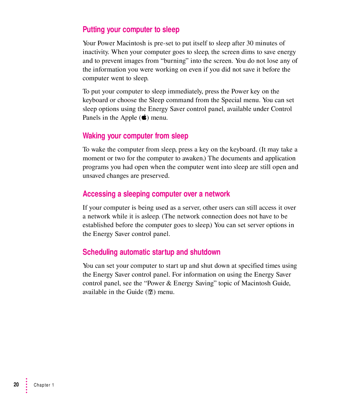 Apple 8500 Putting your computer to sleep, Waking your computer from sleep, Accessing a sleeping computer over a network 