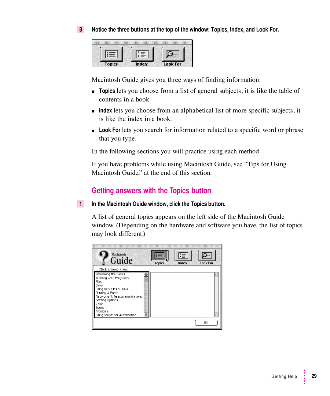 Apple 8500 manual Getting answers with the Topics button, Macintosh Guide window, click the Topics button 