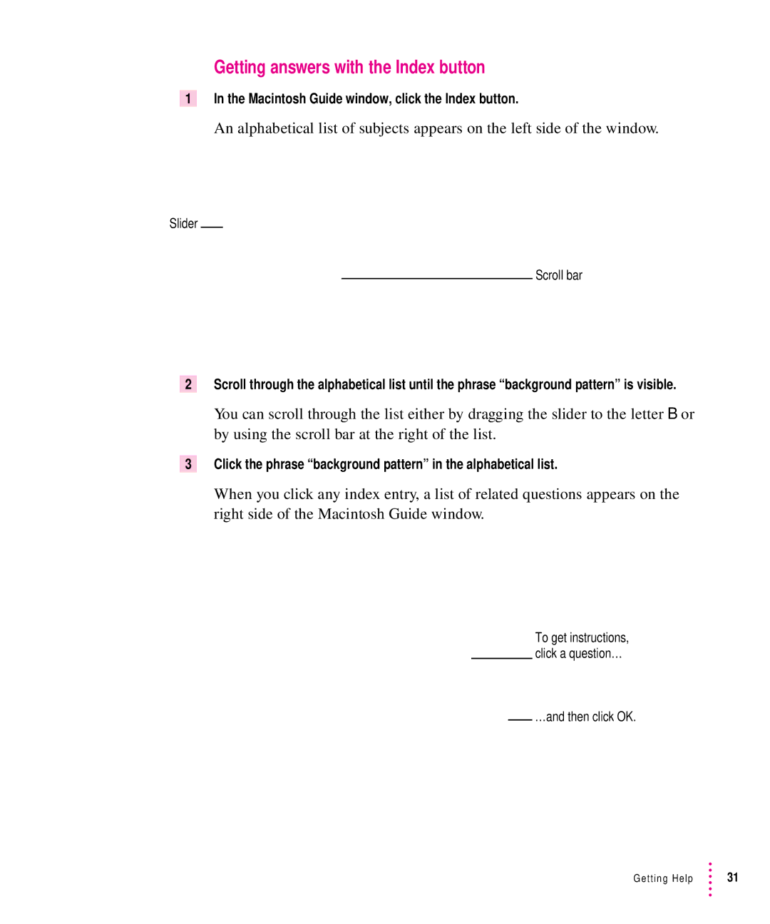 Apple 8500 manual Getting answers with the Index button, Macintosh Guide window, click the Index button 