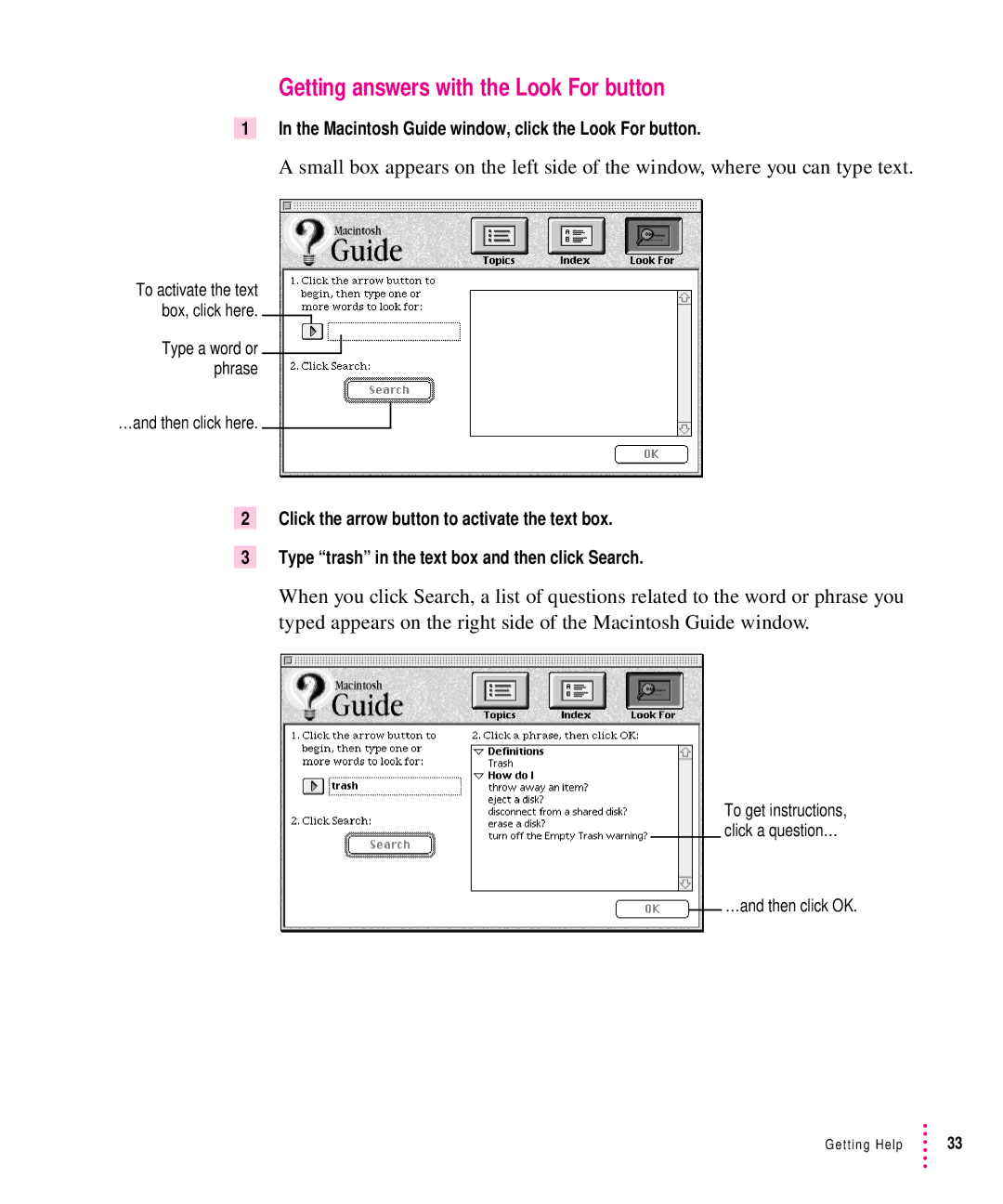 Apple 8500 manual Getting answers with the Look For button, Macintosh Guide window, click the Look For button 