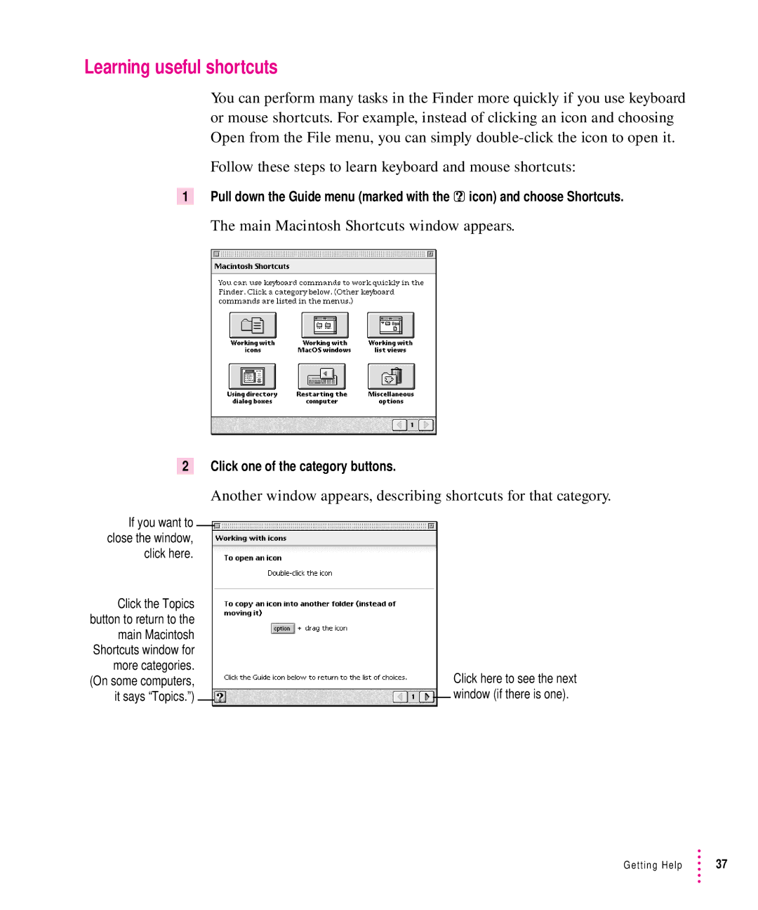 Apple 8500 manual Learning useful shortcuts, Main Macintosh Shortcuts window appears, Click one of the category buttons 