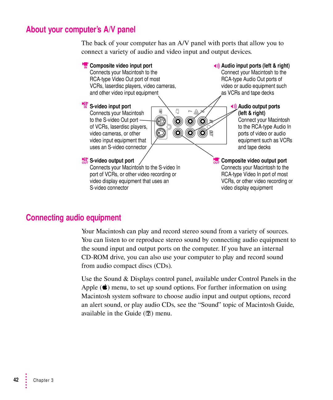 Apple 8500 manual About your computer’s A/V panel, Connecting audio equipment, ¾ S-video input port, Video output port 