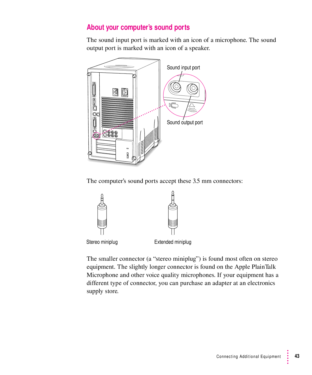 Apple 8500 manual About your computer’s sound ports, Computer’s sound ports accept these 3.5 mm connectors 