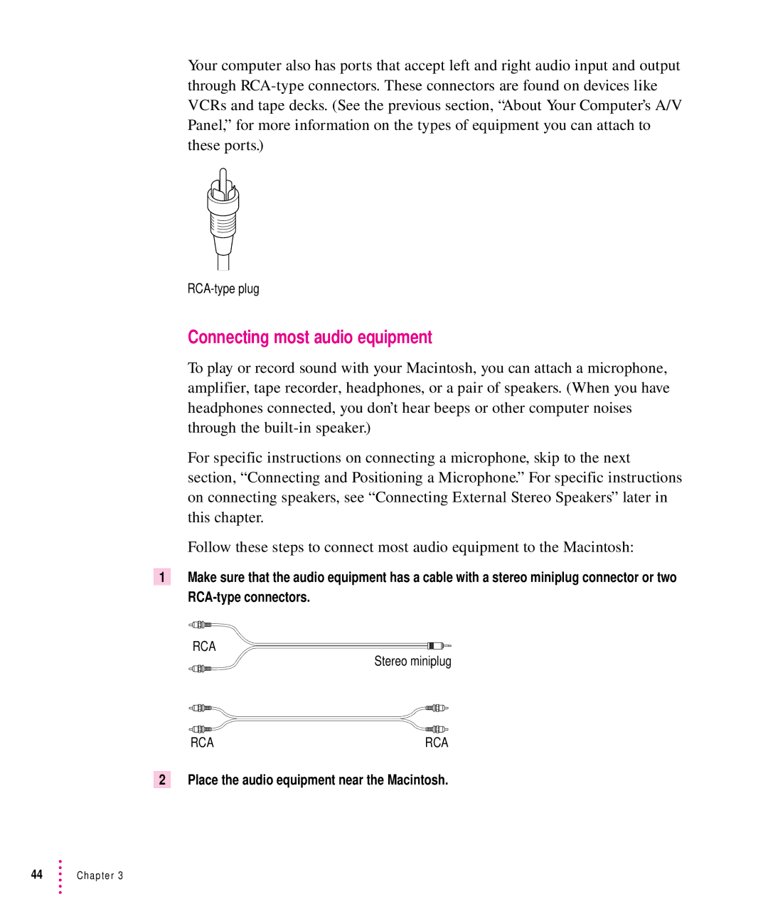 Apple 8500 manual Connecting most audio equipment, Place the audio equipment near the Macintosh 