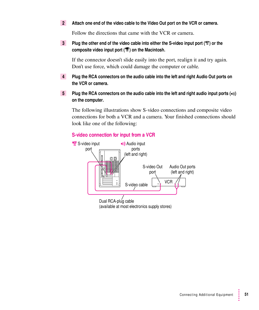 Apple 8500 manual Follow the directions that came with the VCR or camera, Video connection for input from a VCR 