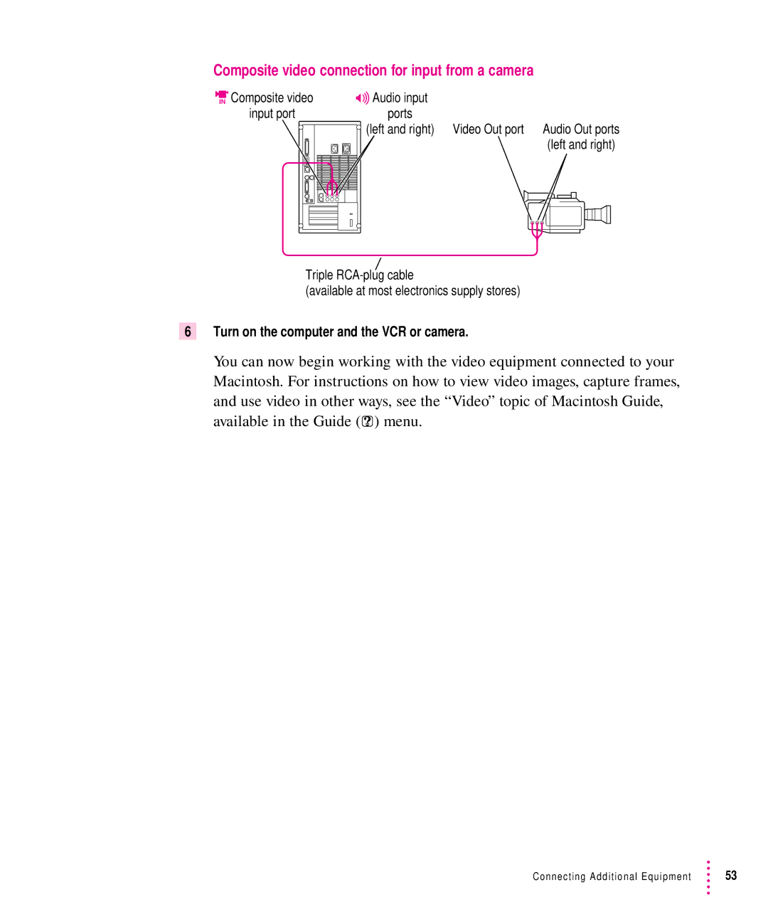 Apple 8500 manual Composite video connection for input from a camera, Turn on the computer and the VCR or camera 