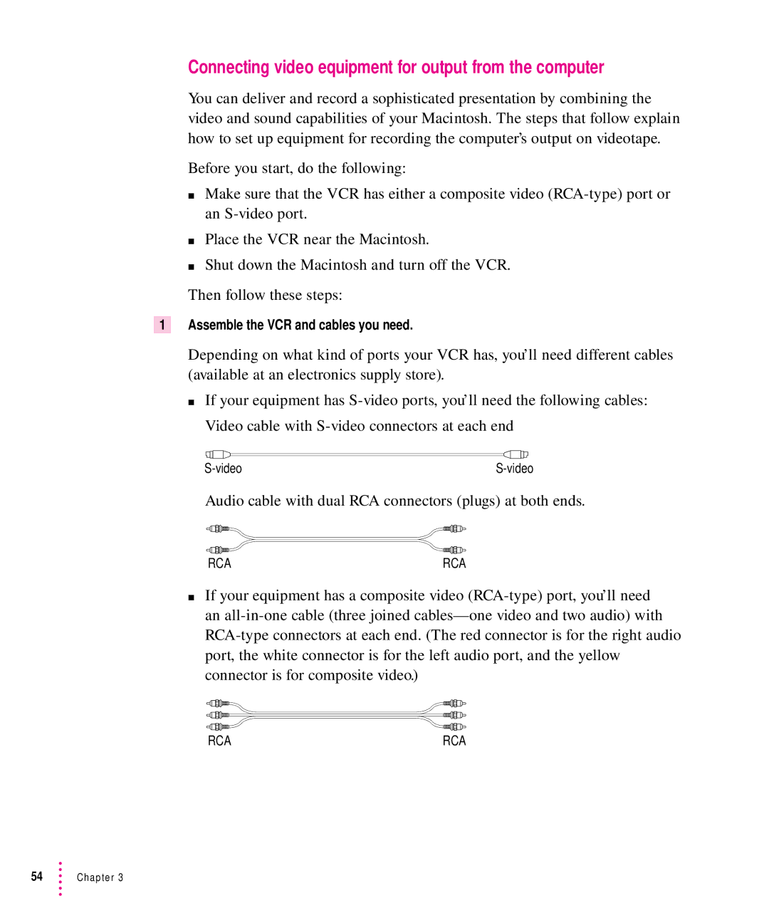 Apple 8500 manual Connecting video equipment for output from the computer, Assemble the VCR and cables you need 
