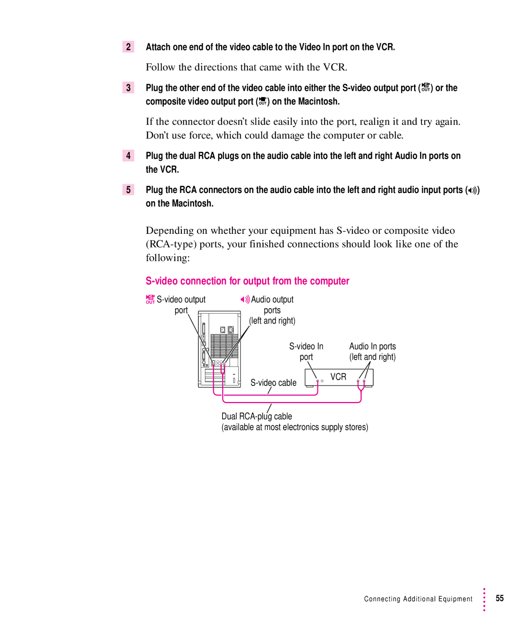 Apple 8500 manual Follow the directions that came with the VCR, Video connection for output from the computer 