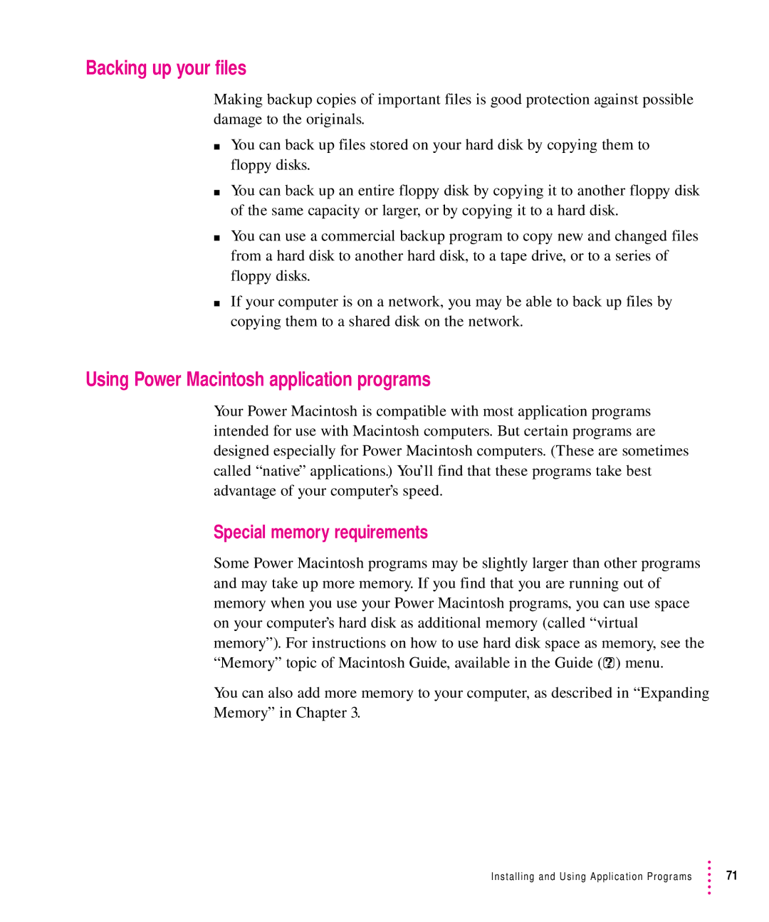 Apple 8500 manual Backing up your files, Using Power Macintosh application programs, Special memory requirements 