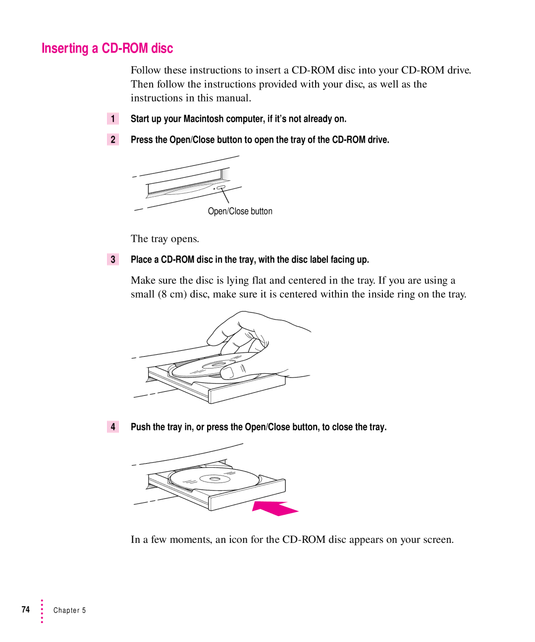 Apple 8500 manual Inserting a CD-ROM disc, Tray opens 