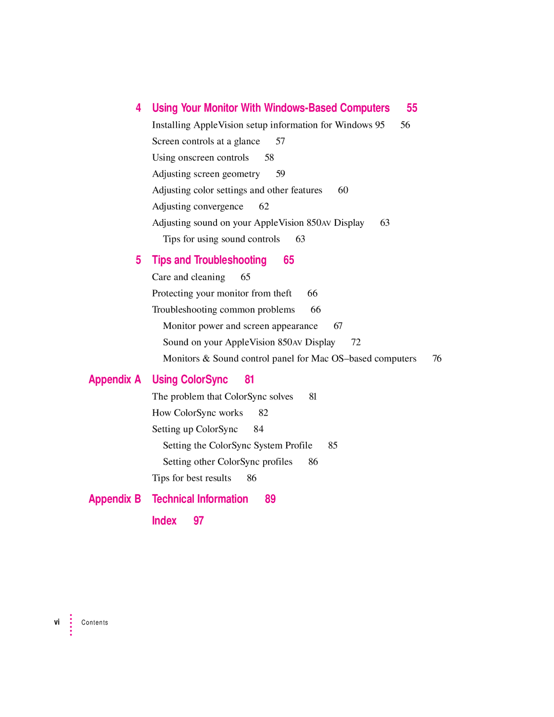 Apple 850AV manual Appendix a Using ColorSync, Appendix B, Index, Tips and Troubleshooting, Technical Information 