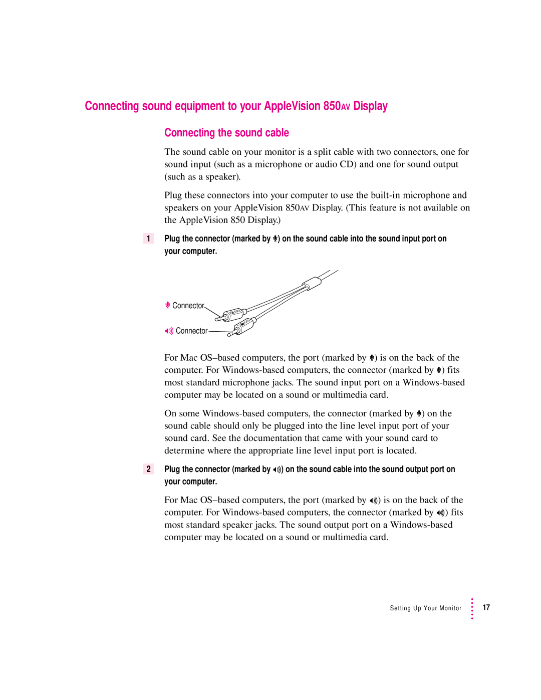 Apple manual Connecting sound equipment to your AppleVision 850AV Display, Connecting the sound cable 