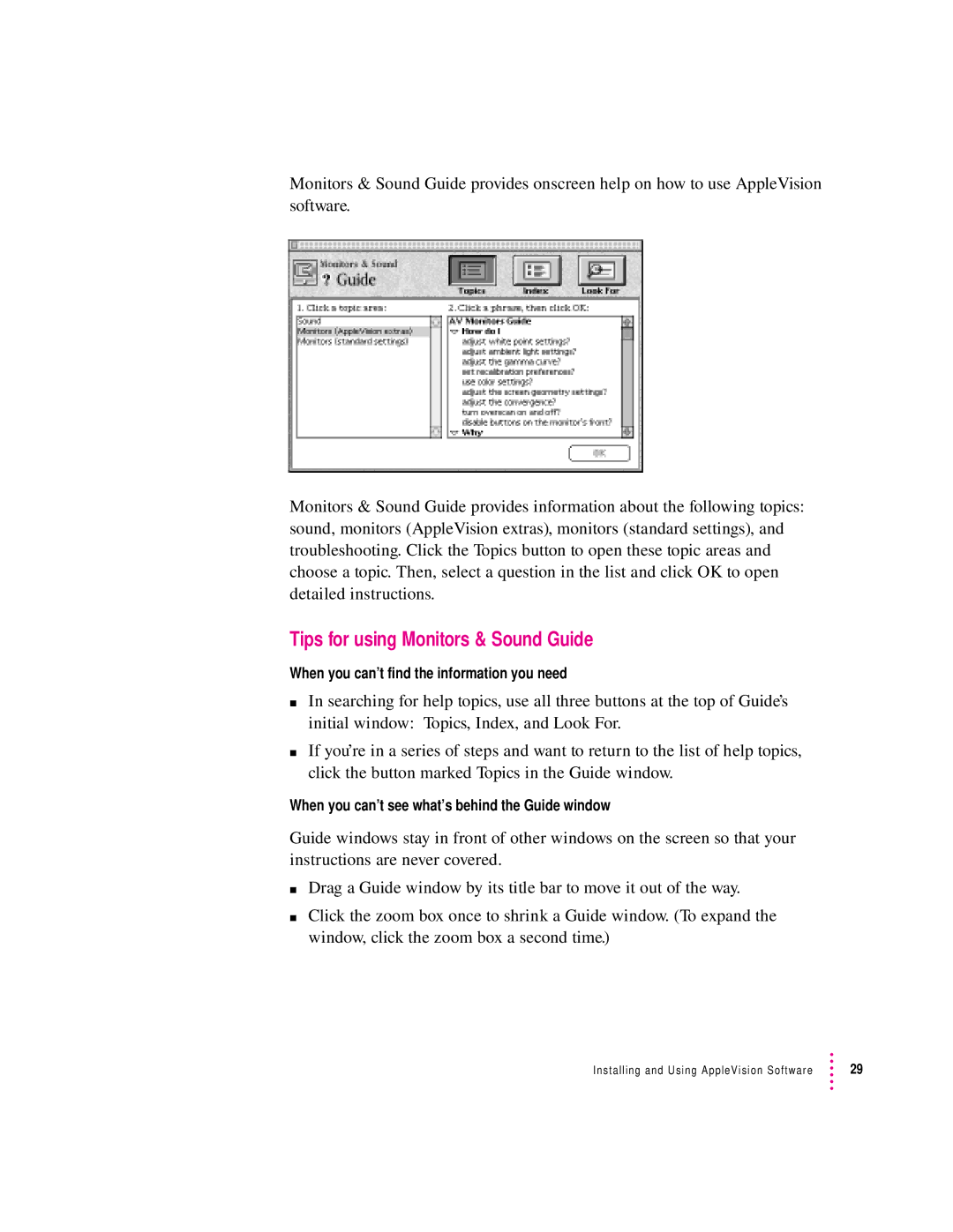 Apple 850AV manual Tips for using Monitors & Sound Guide, When you can’t find the information you need 