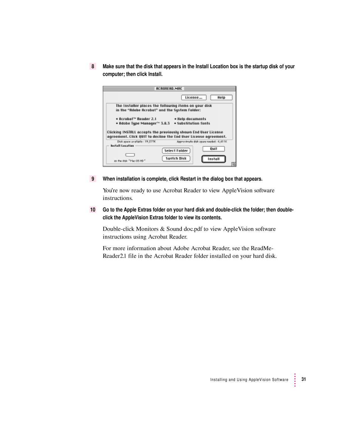 Apple 850AV manual Installing and Using AppleVision Software 