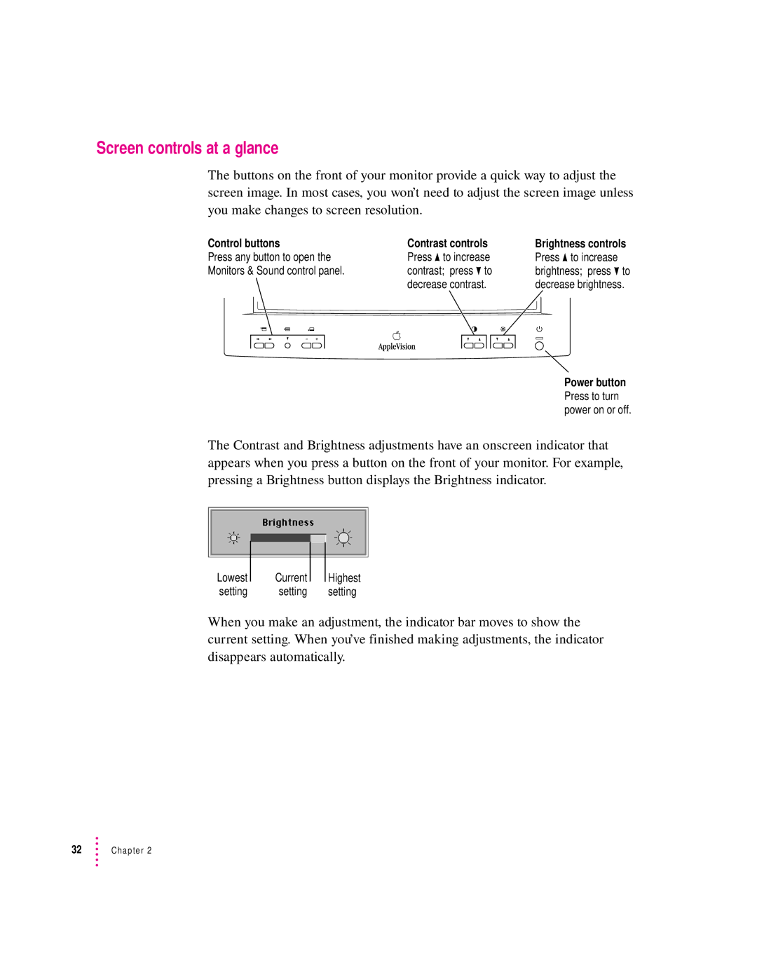 Apple 850AV manual Screen controls at a glance, Control buttons, Brightness controls 