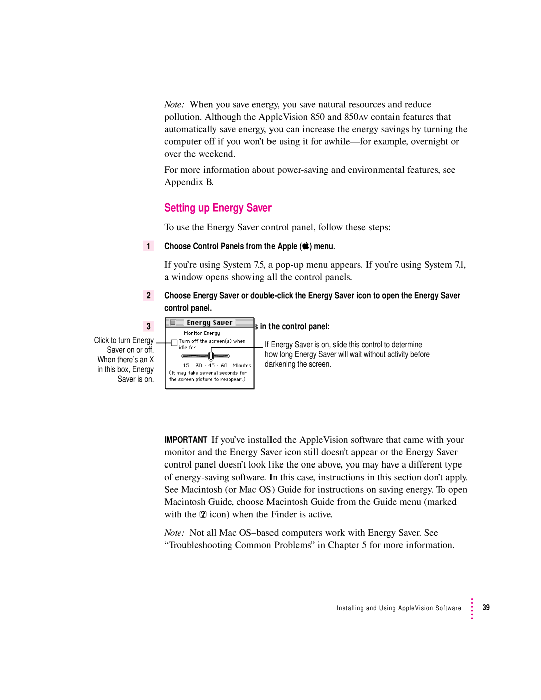 Apple 850AV manual Setting up Energy Saver, Choose Control Panels from the Apple K menu 