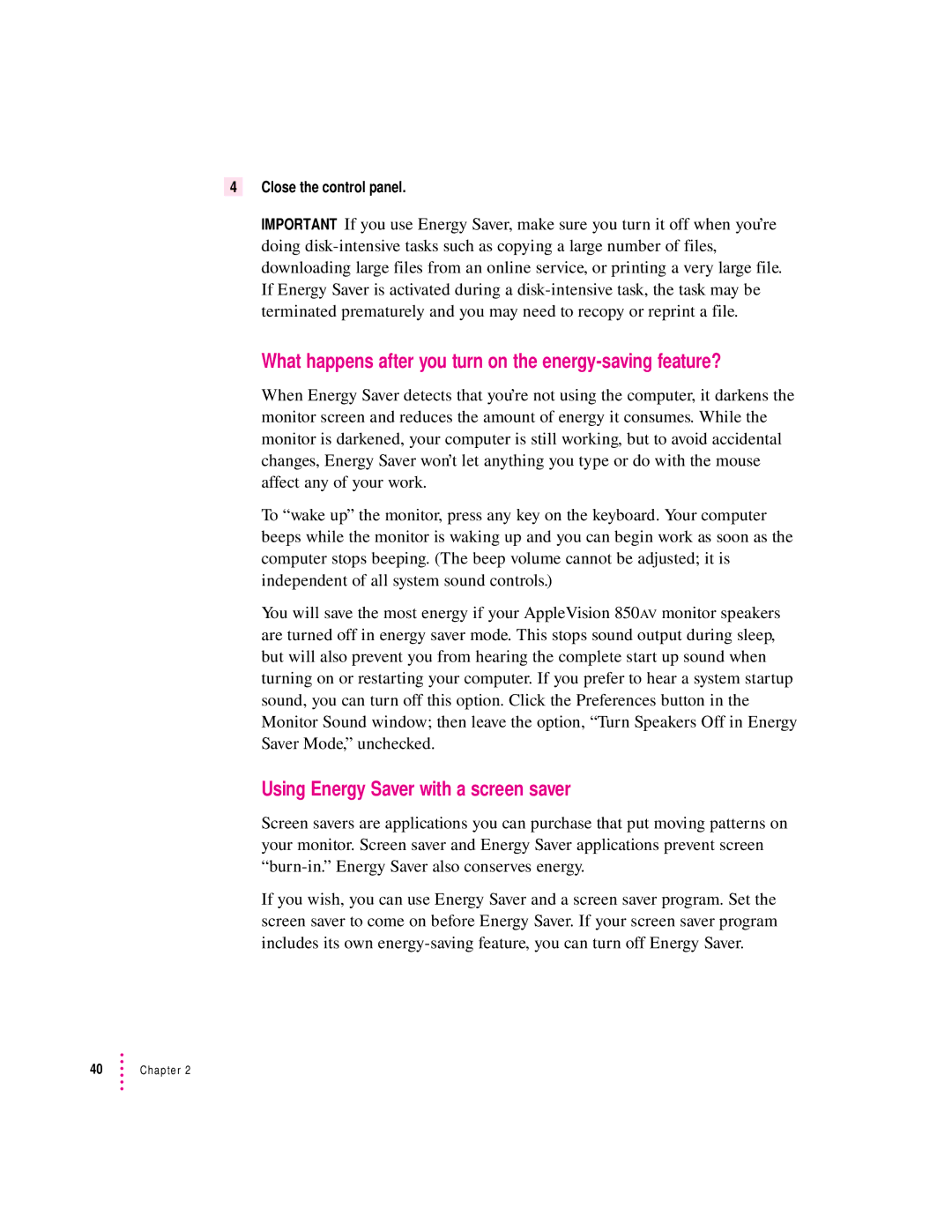 Apple 850AV manual What happens after you turn on the energy-saving feature?, Using Energy Saver with a screen saver 