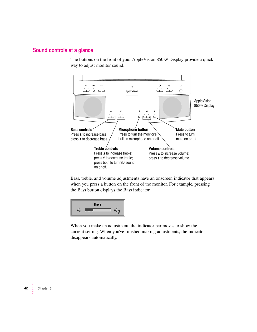 Apple 850AV manual Sound controls at a glance, Bass controls, Treble controls, Volume controls 