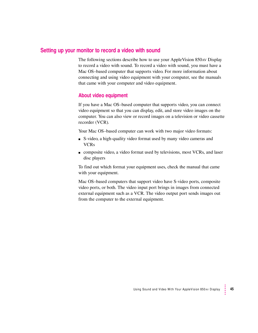 Apple 850AV manual Setting up your monitor to record a video with sound, About video equipment 