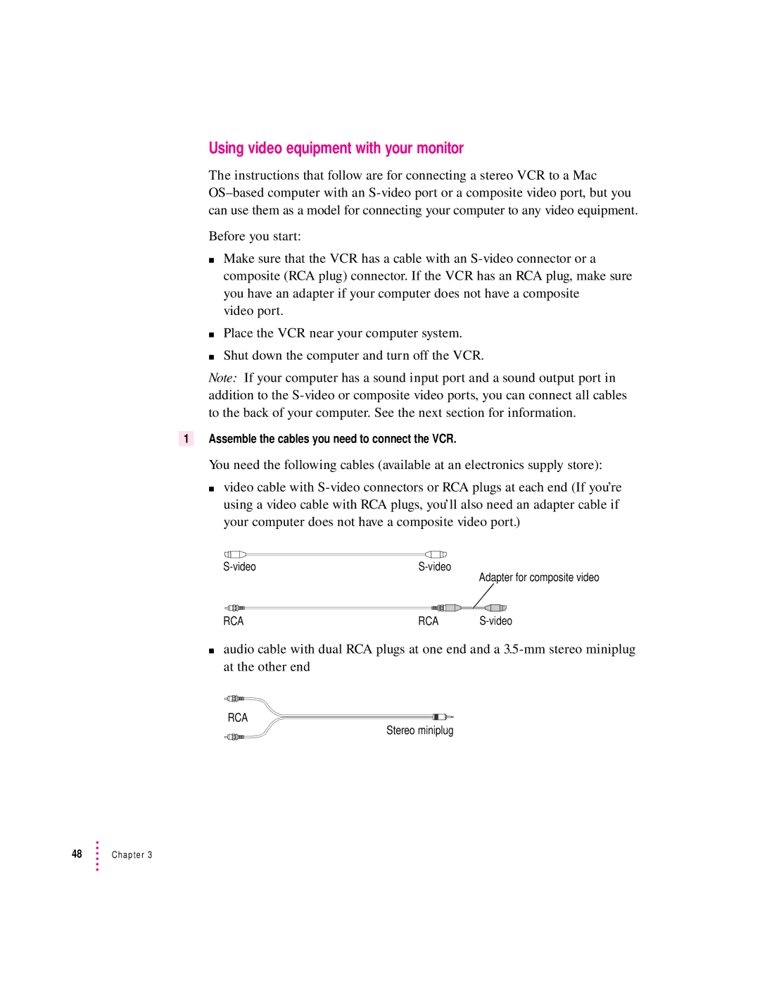 Apple 850AV manual Using video equipment with your monitor, Assemble the cables you need to connect the VCR 