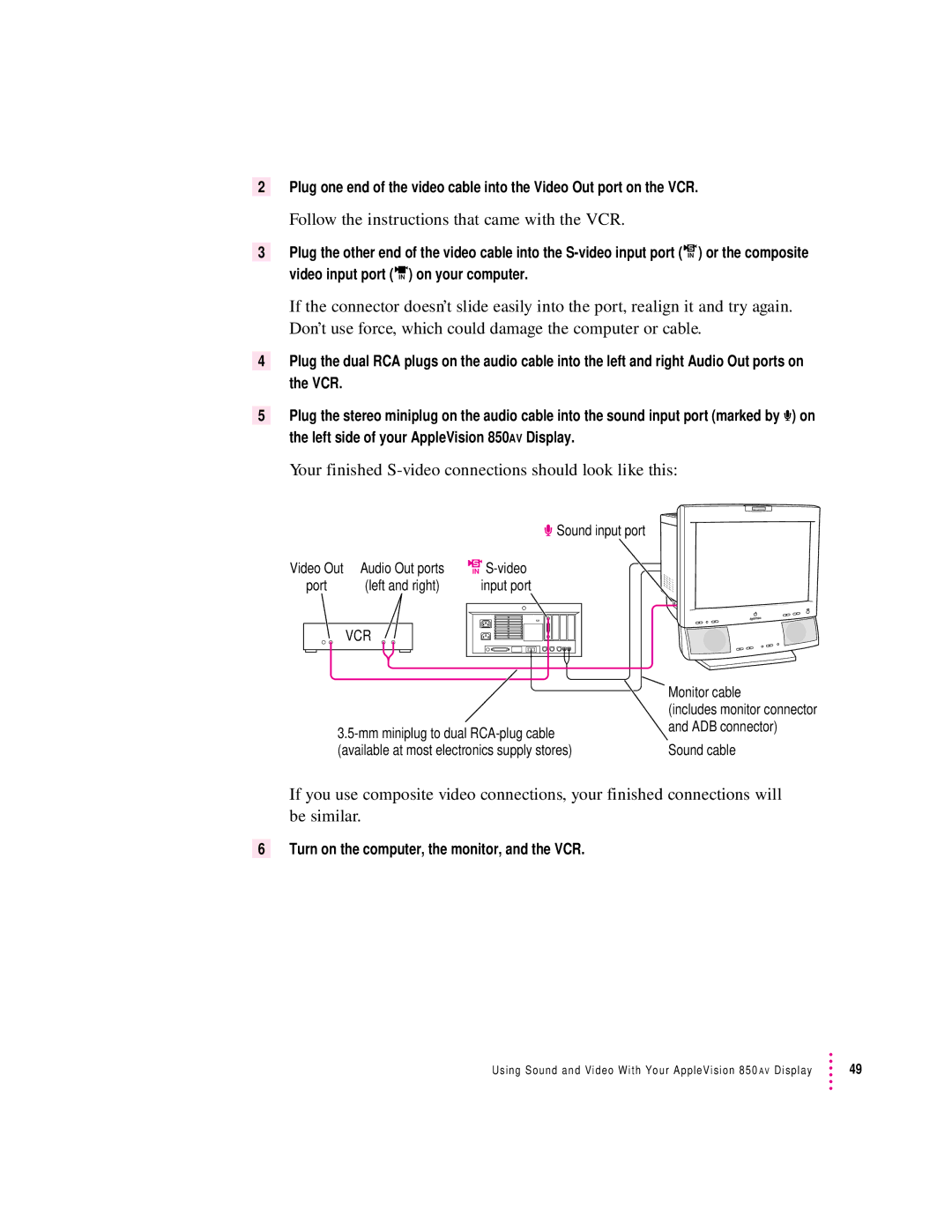 Apple 850AV manual Follow the instructions that came with the VCR, Turn on the computer, the monitor, and the VCR 