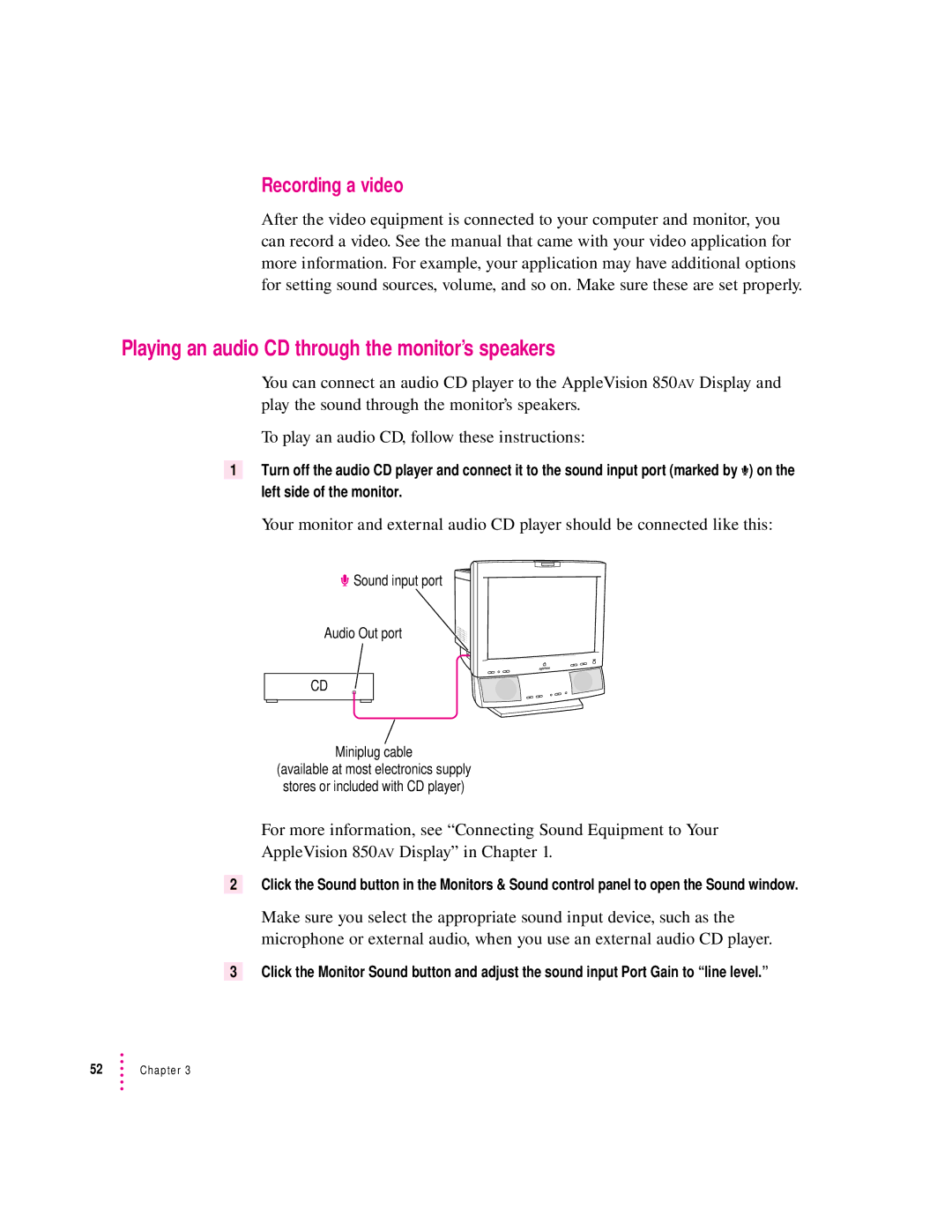 Apple 850AV manual Playing an audio CD through the monitor’s speakers, Recording a video 