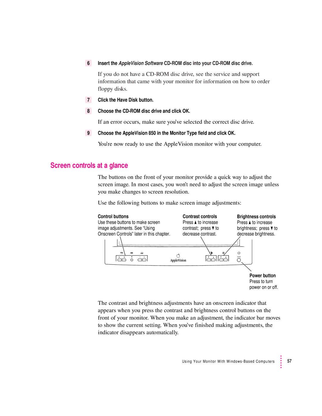 Apple 850AV manual Screen controls at a glance, Contrast controls 