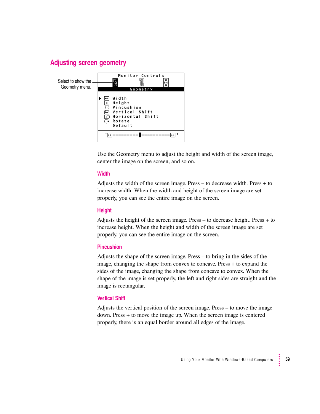 Apple 850AV manual Adjusting screen geometry, Width, Height, Pincushion, Vertical Shift 