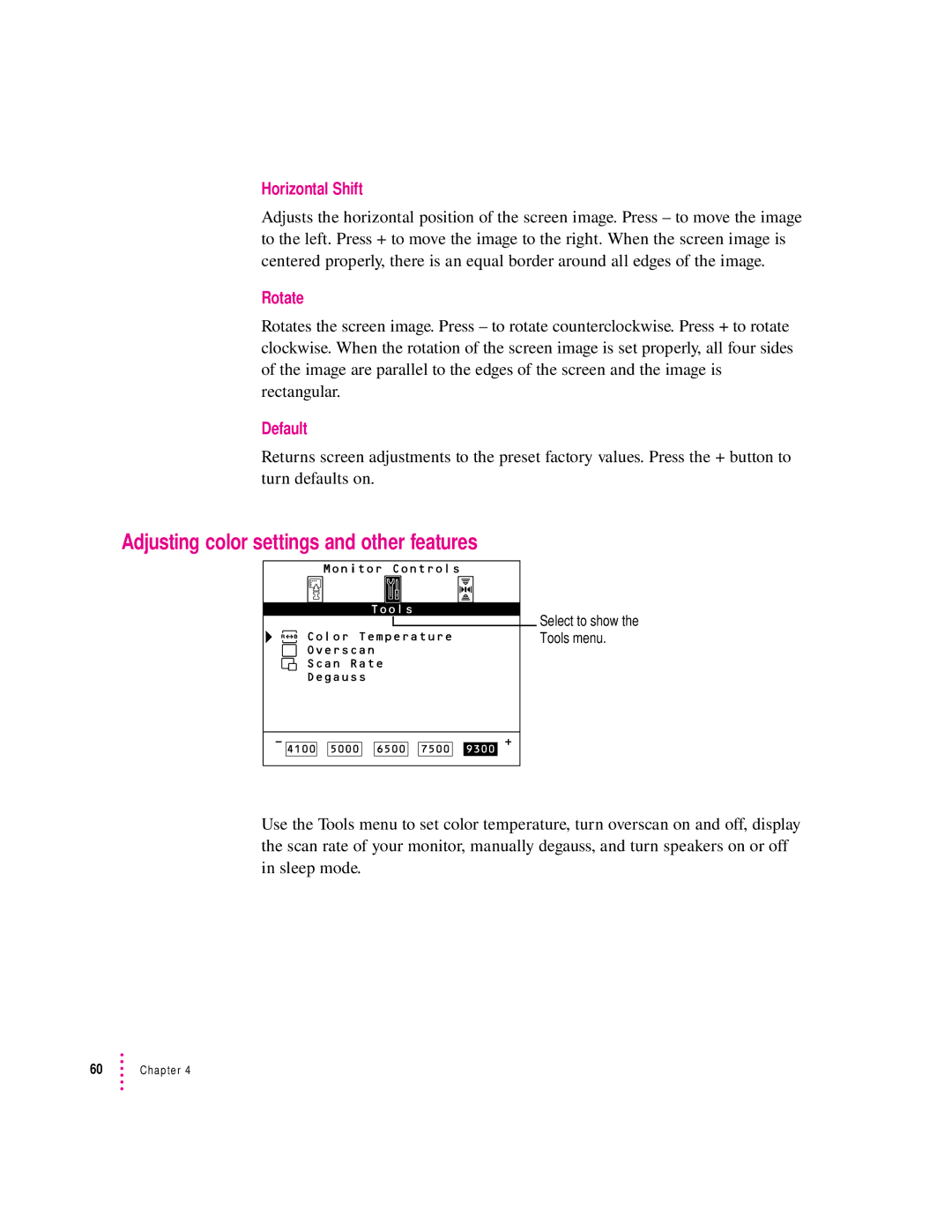 Apple 850AV manual Adjusting color settings and other features, Horizontal Shift, Rotate, Default 