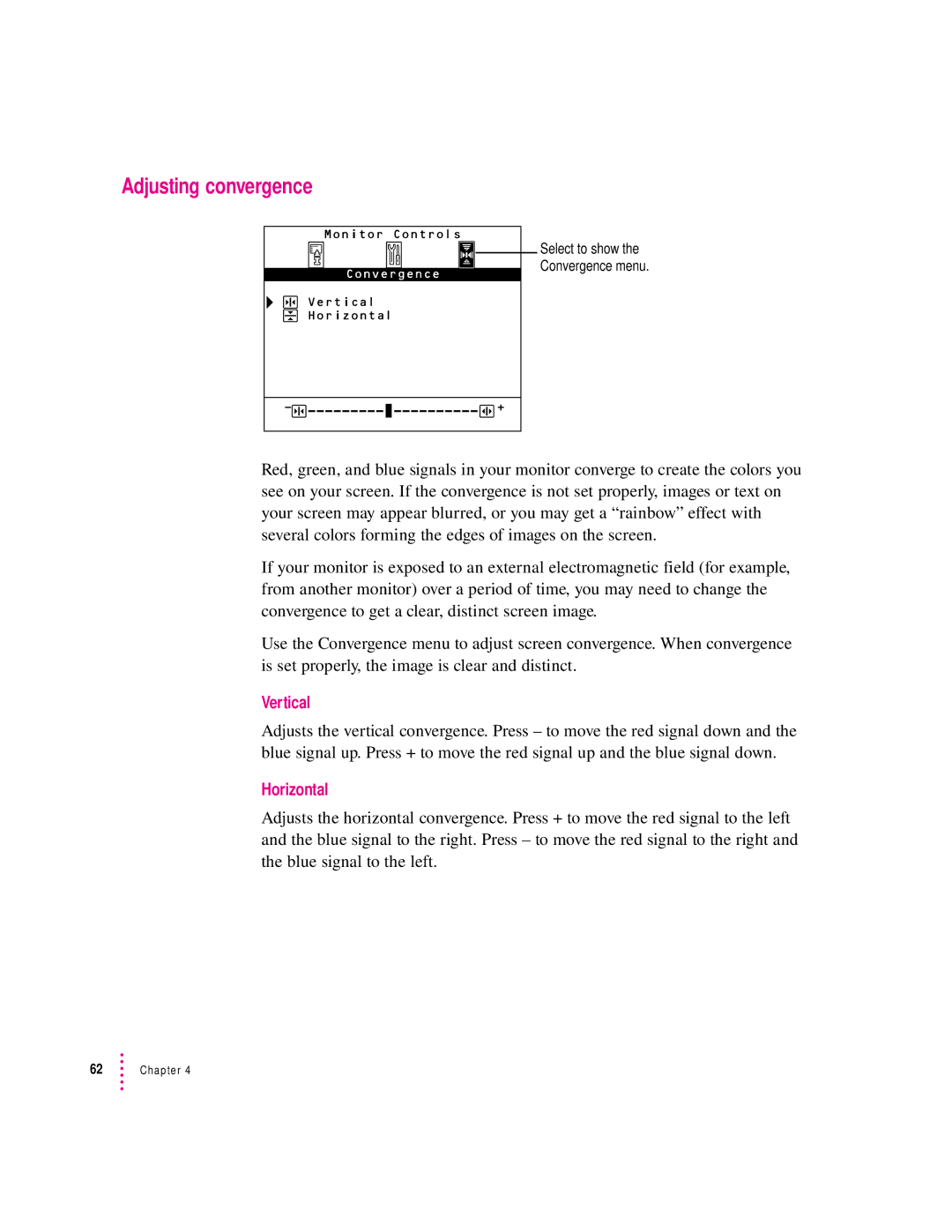 Apple 850AV manual Adjusting convergence, Vertical, Horizontal 