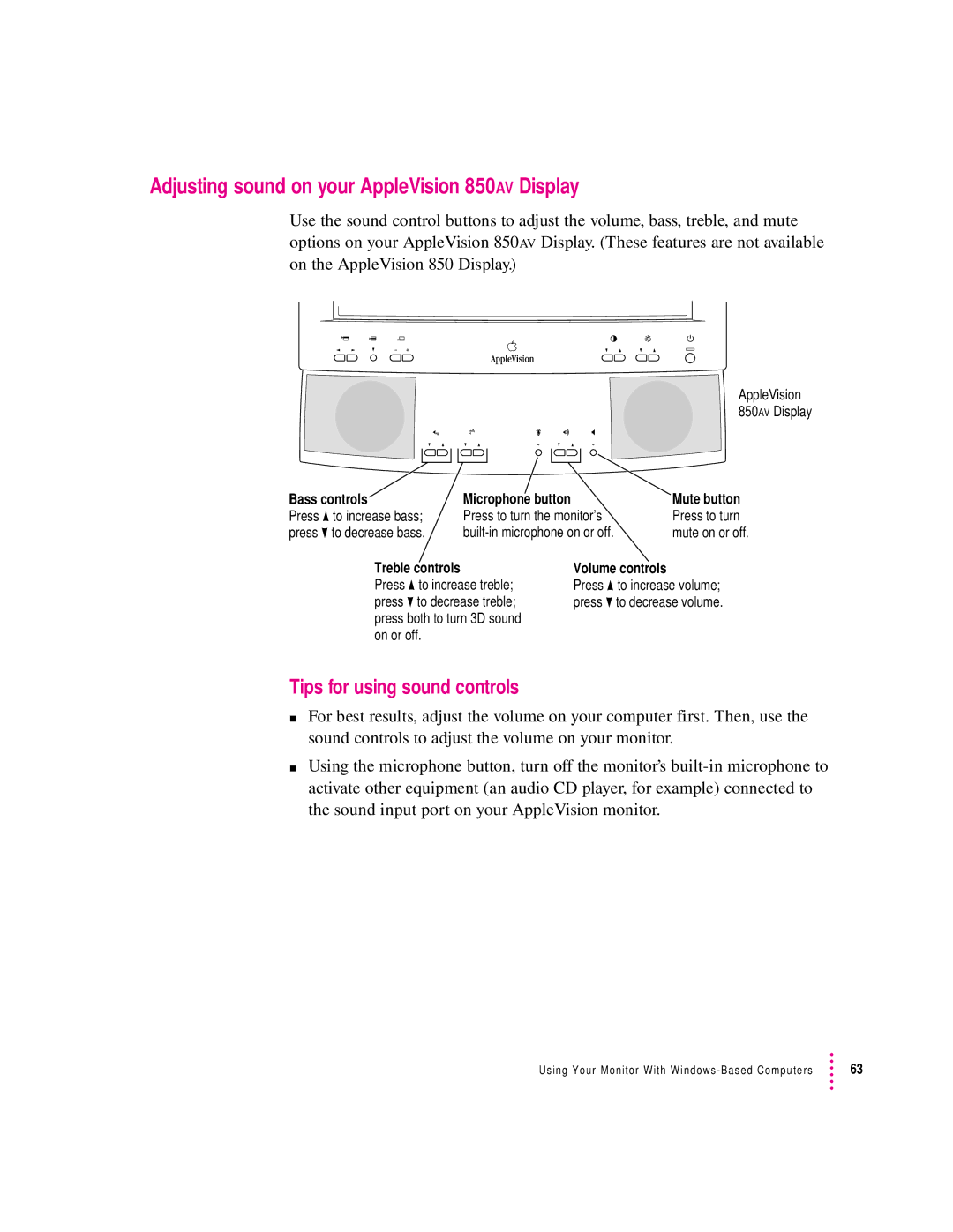 Apple manual Adjusting sound on your AppleVision 850AV Display, Bass controls 