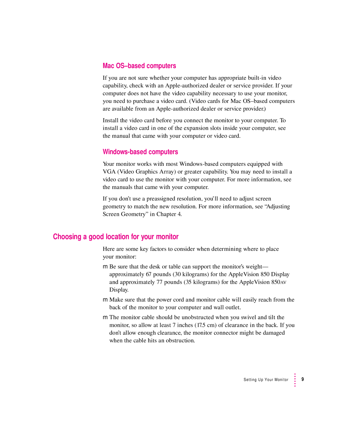 Apple 850AV manual Choosing a good location for your monitor, Mac OS-based computers, Windows-based computers 