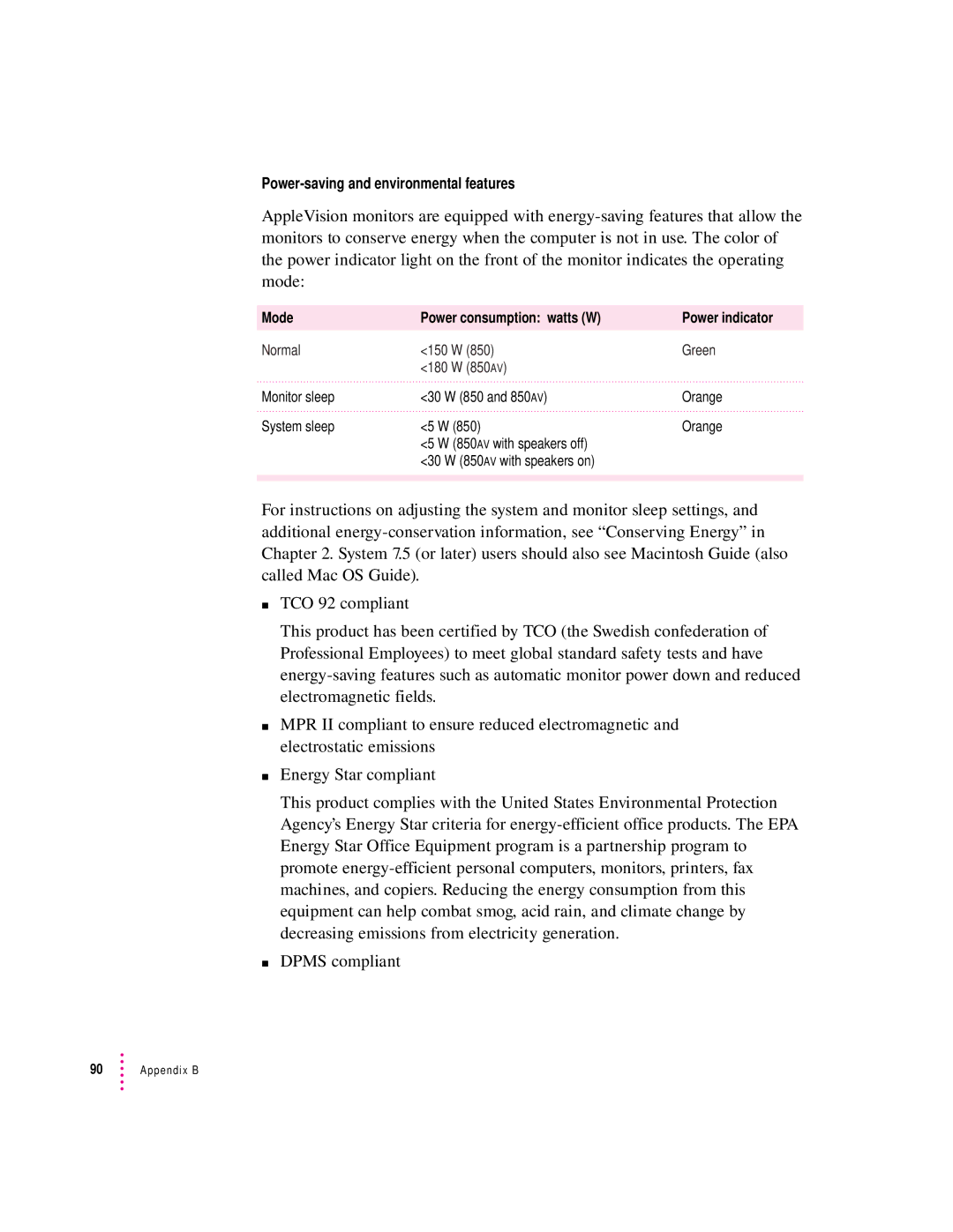 Apple 850AV manual Power-saving and environmental features, Mode Power consumption watts W Power indicator 