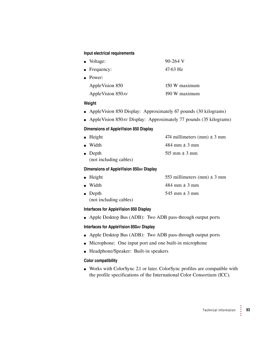 Apple 850AV manual Input electrical requirements, Weight, Dimensions of AppleVision 850 Display, Color compatibility 