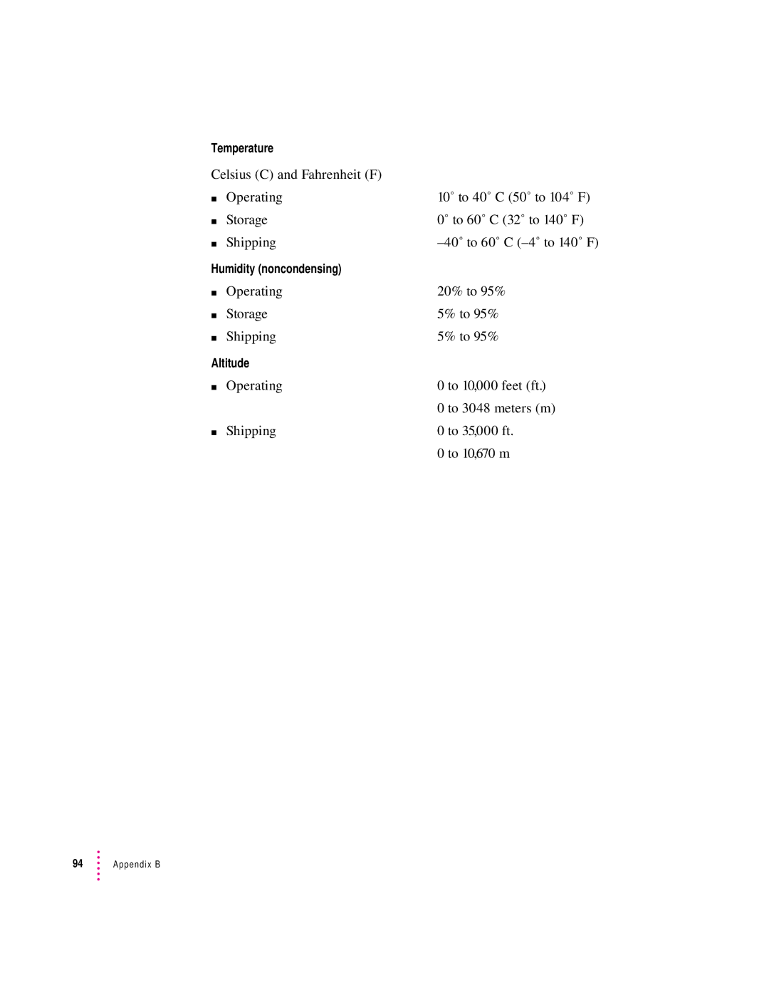 Apple 850AV manual Temperature, Humidity noncondensing, Altitude 