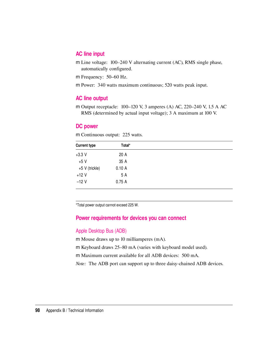 Apple 8550 technical specifications AC line input, AC line output, DC power, Power requirements for devices you can connect 