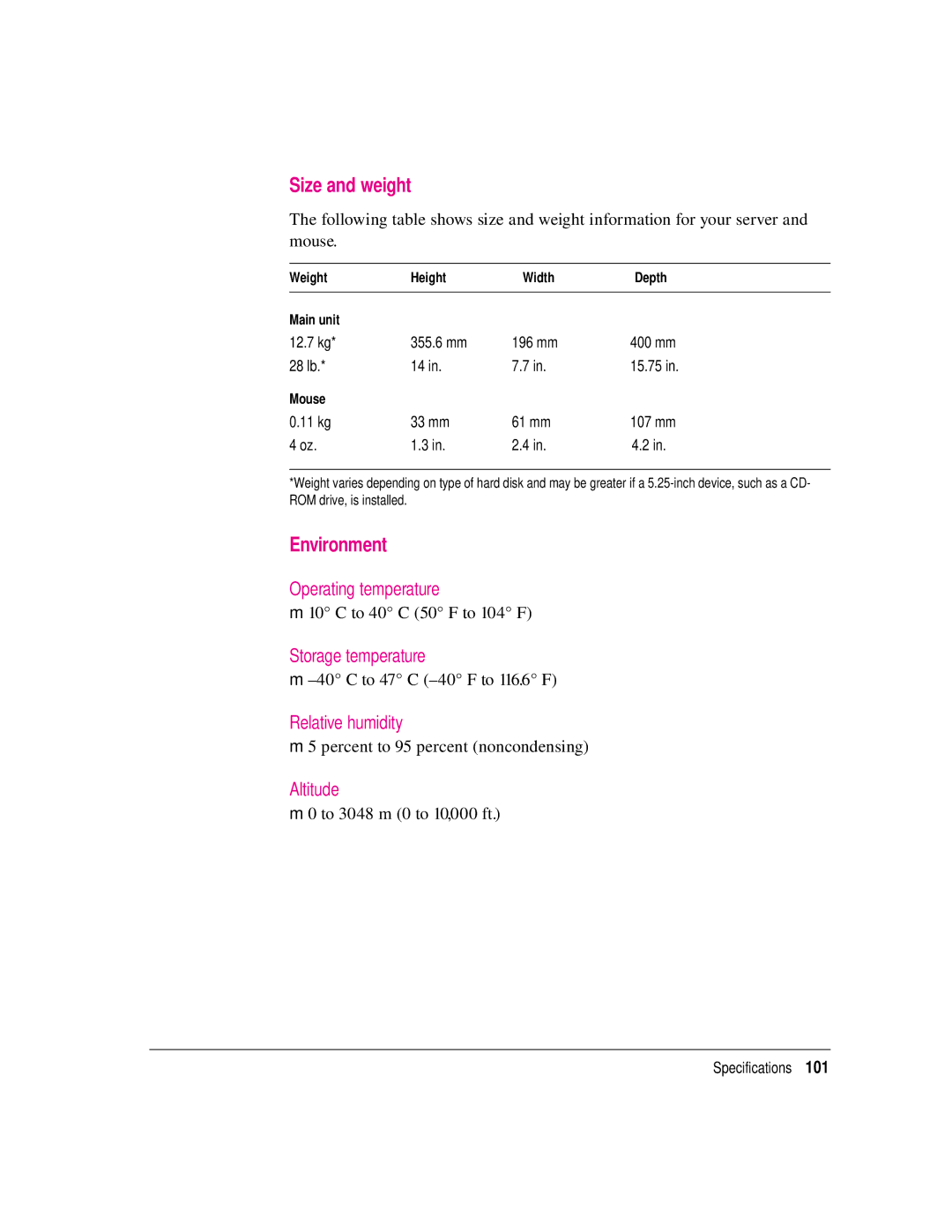 Apple 8550 technical specifications Size and weight, Environment 