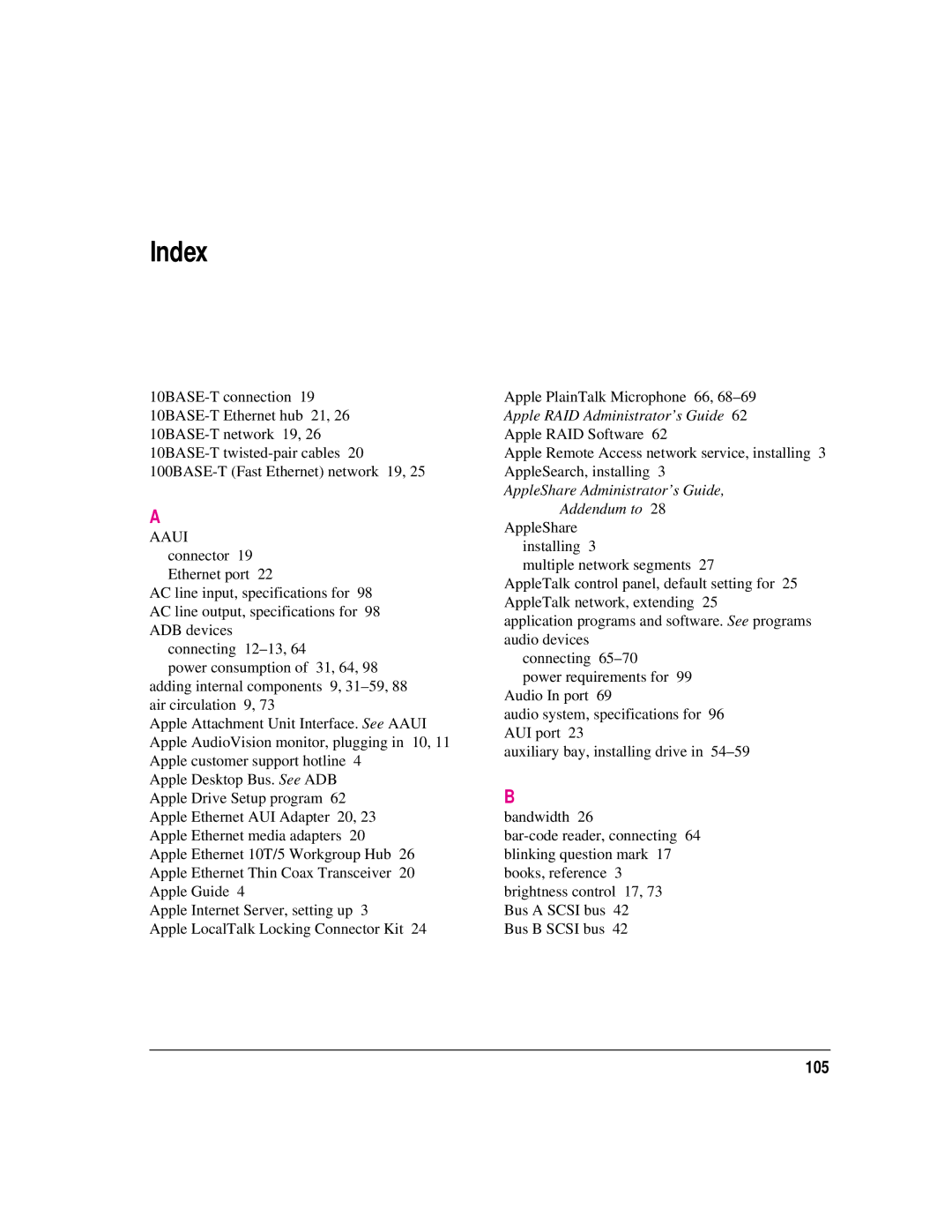 Apple 8550 technical specifications Index 